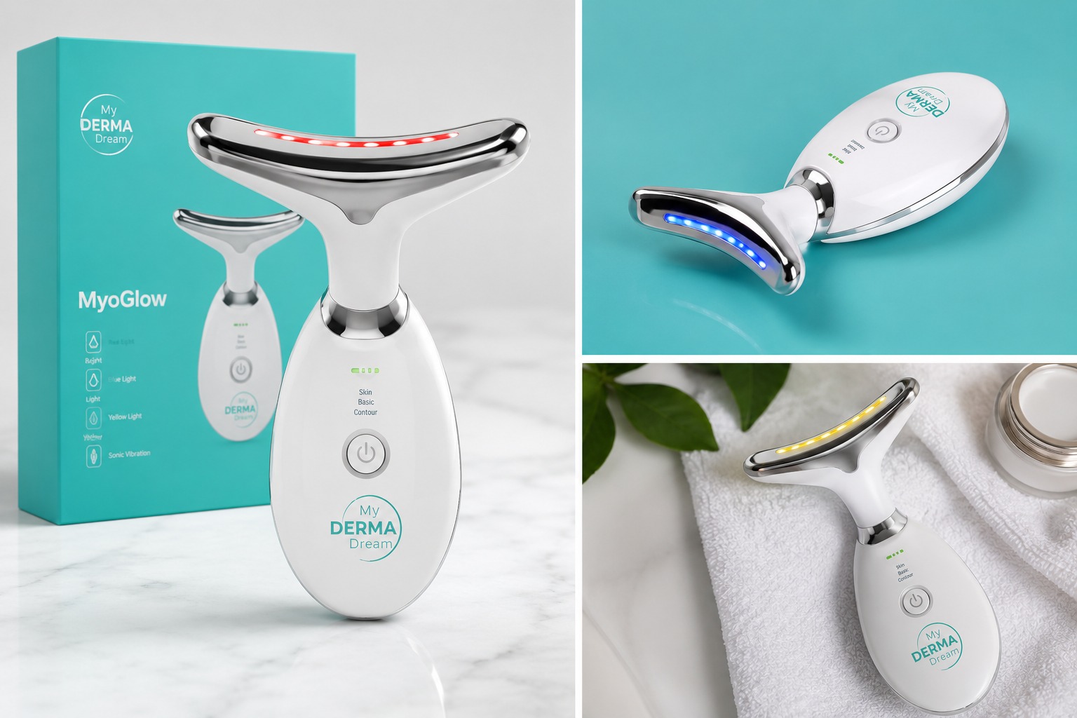 MyoGlow device being used on face with LED light therapy