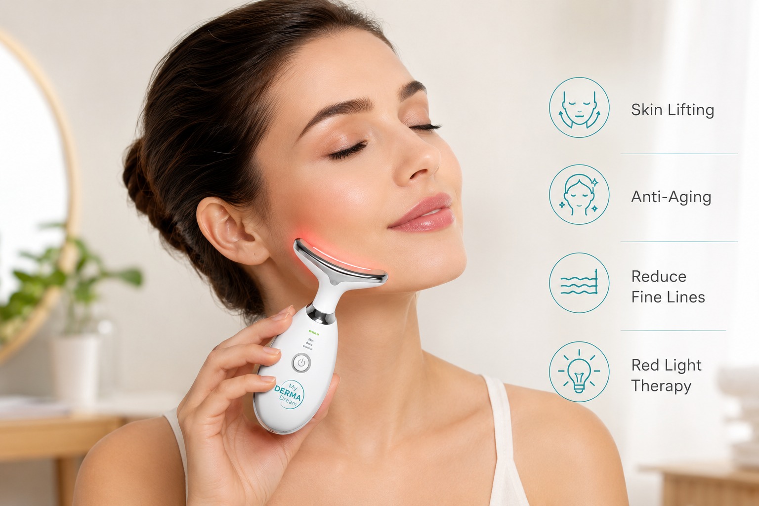 Results of using MyoGlow skin sculpting device, brighter and lifted skin