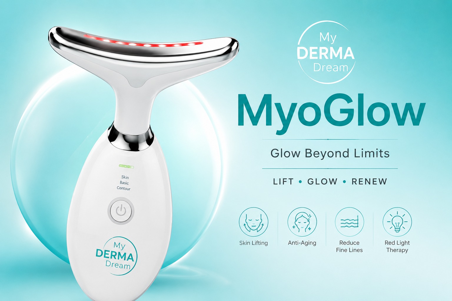 MyoGlow LED skin sculpting tool with serum trio